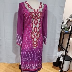 Chic Long Sleeve Purple Dress with Embroidery